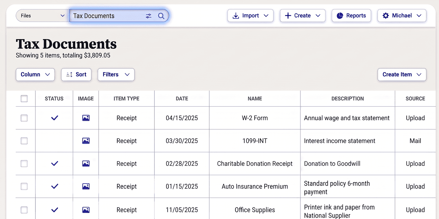 NeatDocs quick search view showing the Tax Documents folder with instant search results for receipts, bills, and invoices