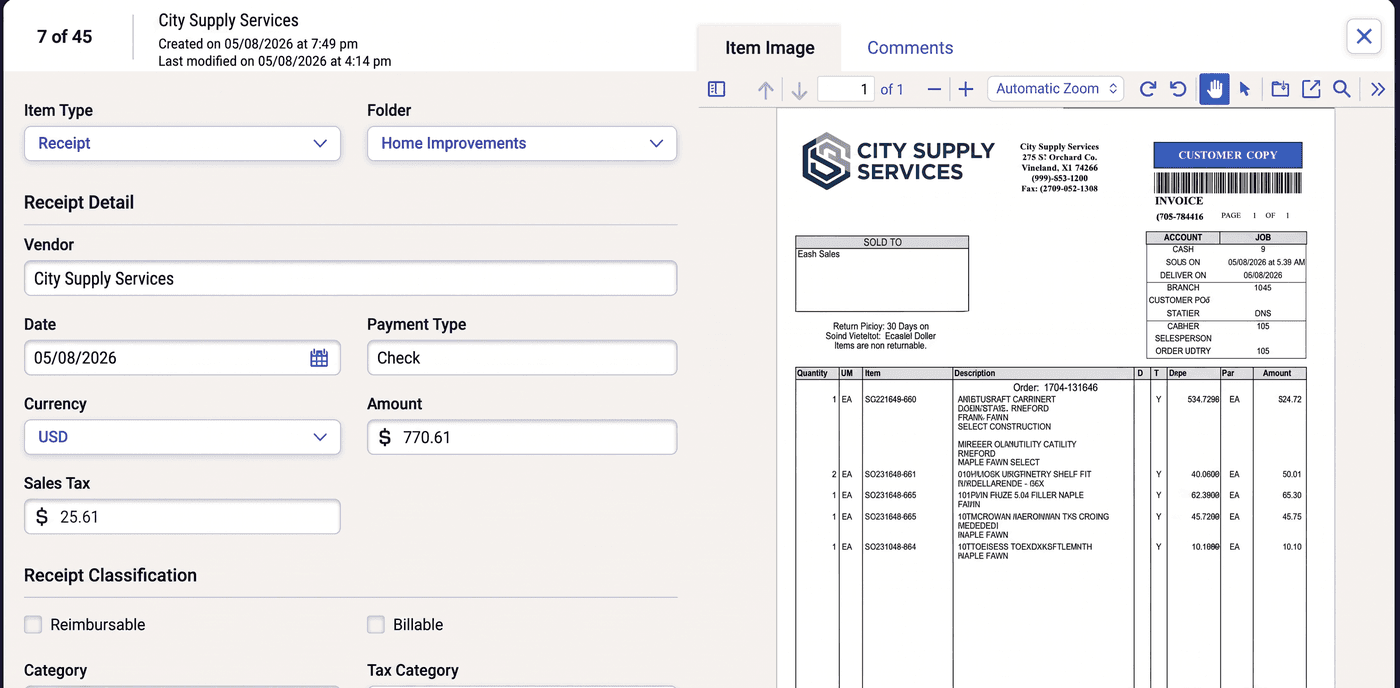 NeatDocs receipt capture — a receipt detail view showing vendor, date, amount, and classification fields next to the scanned invoice
