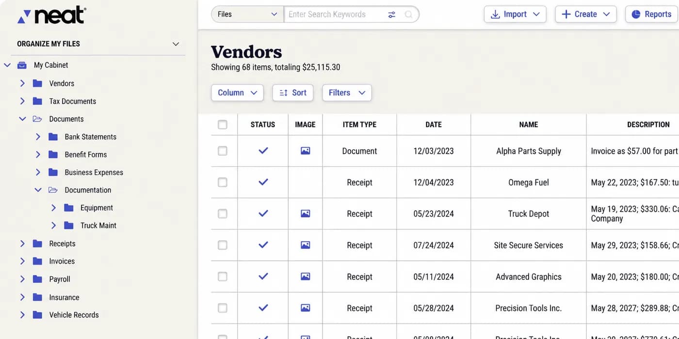 NeatDocs Organize view showing the Vendors folder inside My Cabinet, with a searchable file table of receipts and documents