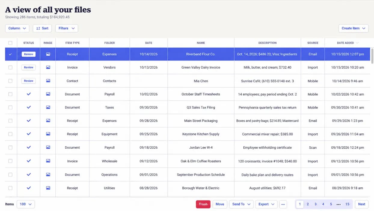 A view of all your files — NeatDocs file table showing receipts, bills, and invoices organized by folder, date, and description